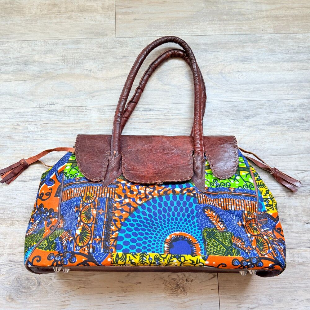 Handmade African Print Leather Tote Bag Wax Print Shoulder Purse Boho Market Bag
